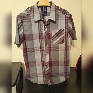 Ecko Unlimited Men's Burgundy and Gray Plaid Shirt Size M